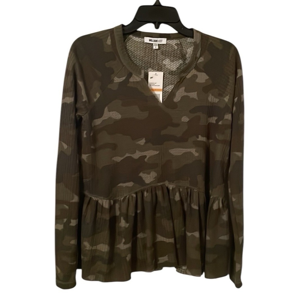 William Rast Women's Gryphon Military Olive Camo Long Sleeve V-Neck Top Size S